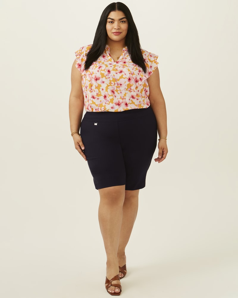 Plus size model with hourglass body shape wearing Jewel Stretch Pull On Bermuda Short by Premise | Dia&Co | dia_product_style_image_id:196992